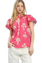 Umgee Floral Ruffle Sleeve Split-Neck Top