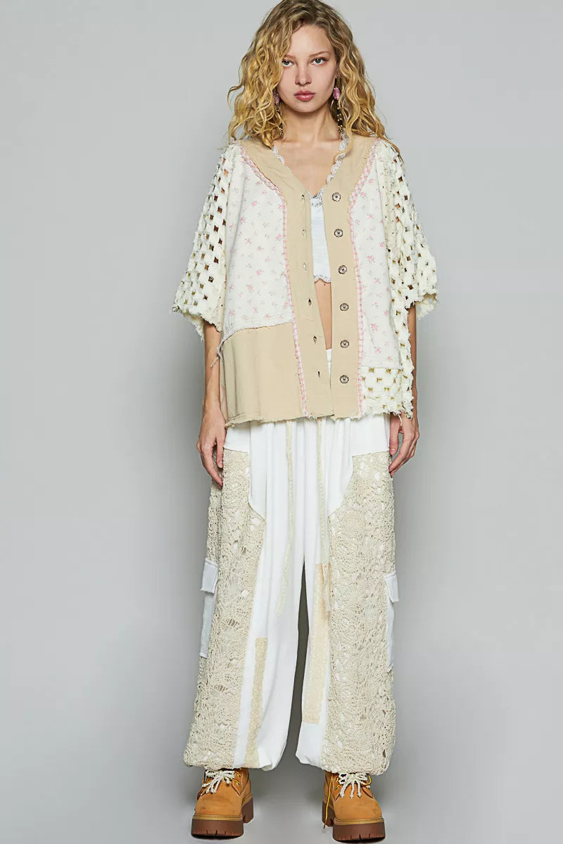 POL Womens Jacket Cream Button V-Neck with Printed Woven Patchwork a56eb617-8fbf-417a-a7b3-70d62ba3e005-Max-Origin Trendsi