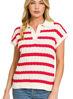 Zenana Textured Stripe Polo Collar Sweater Vest