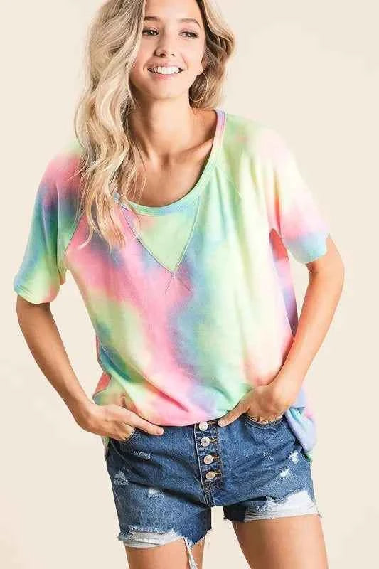 BiBi Women T-shirt Tie Dye Pastel Multi Color French Terry Print Top a57d810454f34c5c8d4cb75786d1e675-Max-Origin Trendsi