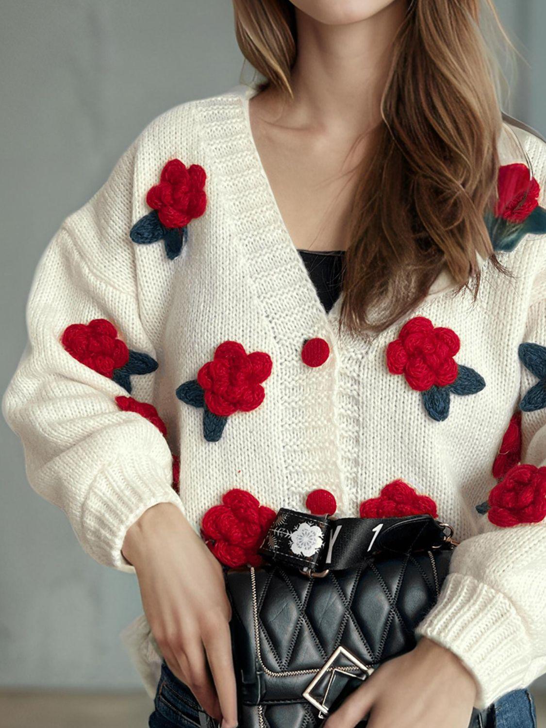 Cardigan Flower Button Down V-Neck Long Sleeve Knitwear a5811ac0-d97d-464c-9fe0-a485a4c0335b-Max Trendsi