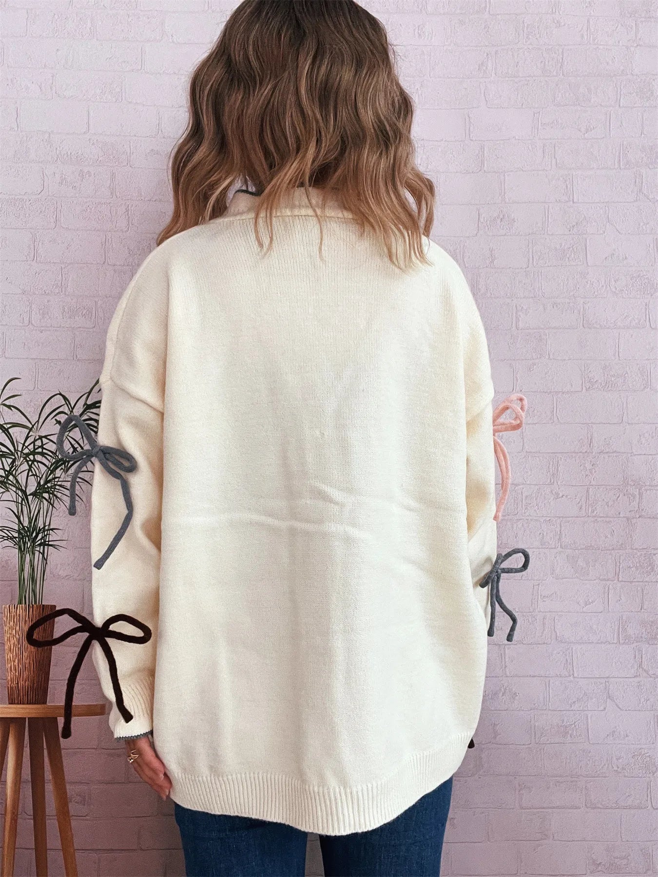 Women's Cardigan White Bow Tie Button Up Knit Long Sleeve One Size a58349e049714547a9e15399c054bf86-Max-Origin Trendsi