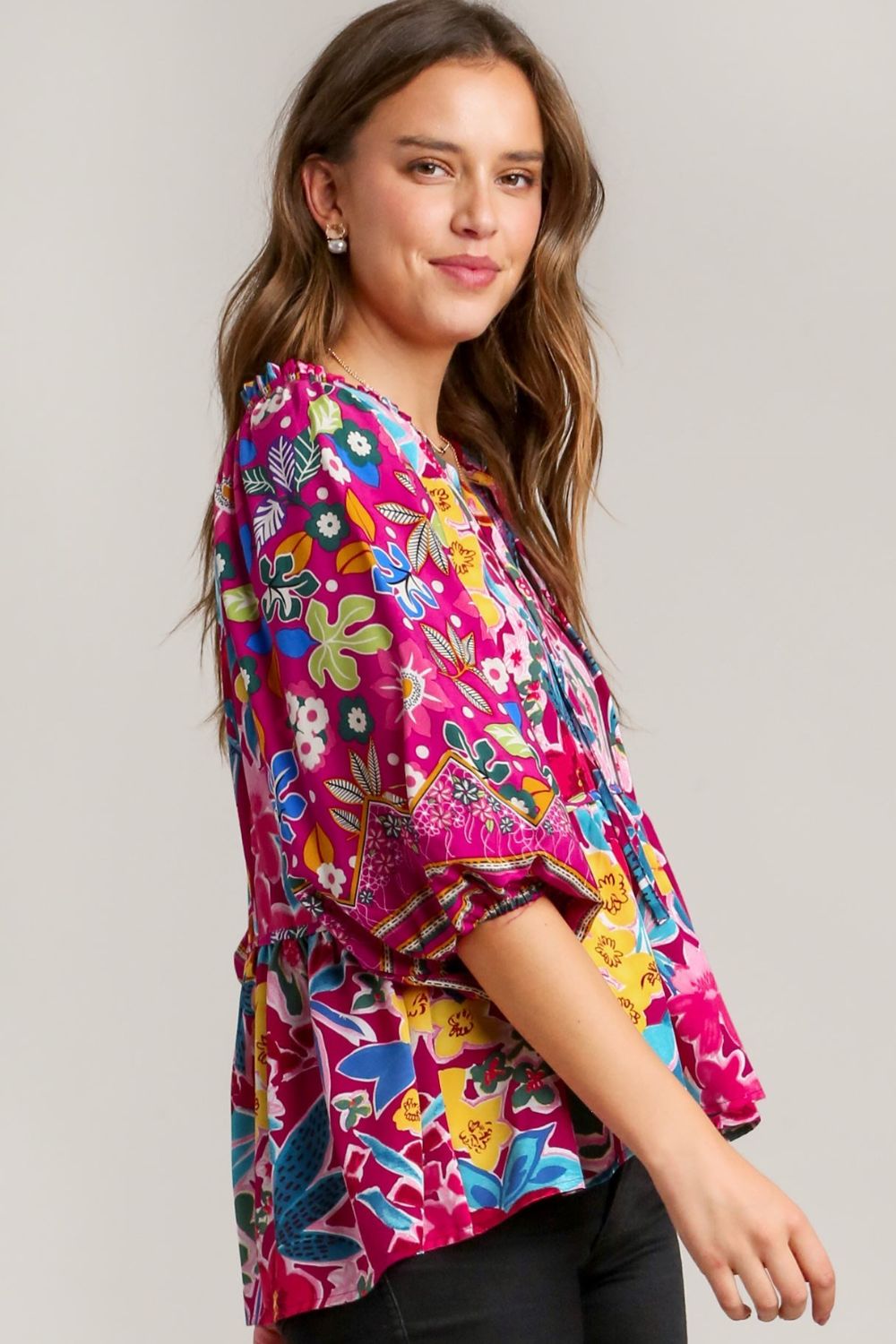 Umgee Blouse Floral Print Colorful Tie Neck Peplum Top Half Sleeve a594a762-bcd2-445c-b5af-e5b3e318a8e3-Max Trendsi