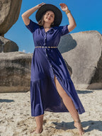 Plus Size Collared Short Sleeve Midi Dress