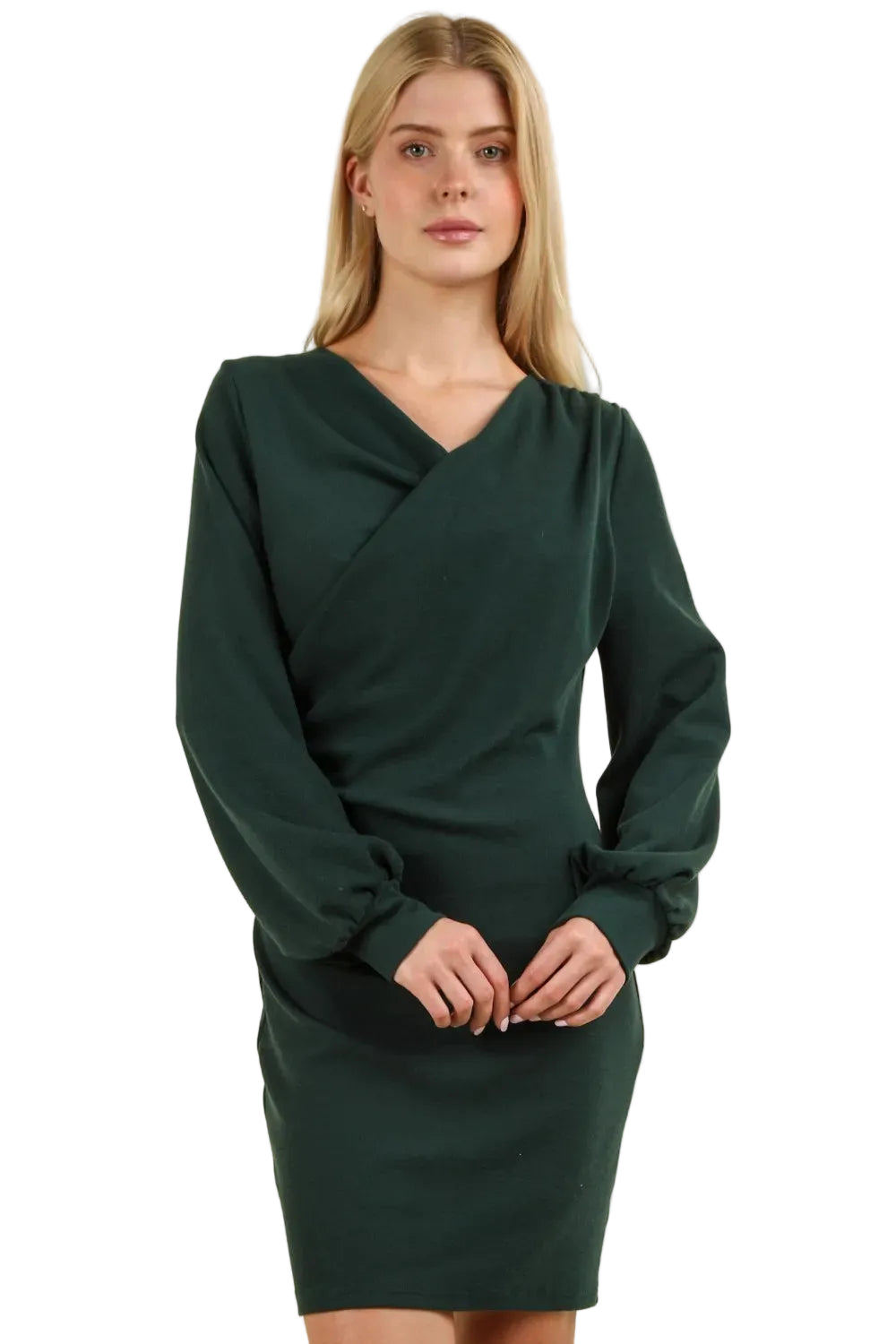 Dark green bodycon mini dress with asymmetrical V-neck and balloon sleeves