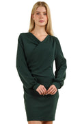 Dark green bodycon mini dress with asymmetrical V-neck and balloon sleeves