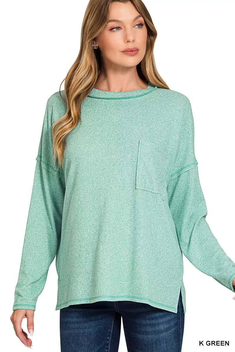 Zenana Womens T-Shirt Green Soft Melange Hacci Round-Neck Long Sleeve a5968da362ea43f3914c325353b6ec0c-Max-Origin Trendsi