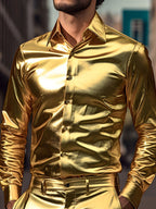 Men's Long Sleeve Button-Down Shirt with Metallic Buttons, 95% Cotton and 5% Spandex