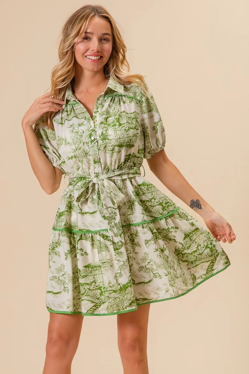 BiBi Mini Shirt Dress Floral Green Printed Tiered Belted Short Sleeve a5a803584be94726ab46e7c66548b982-Max-Origin Trendsi