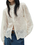 Women's Shirt Blouse Floral Embroidered Sheer Lace Long Sleeve Ruffle Neck Top