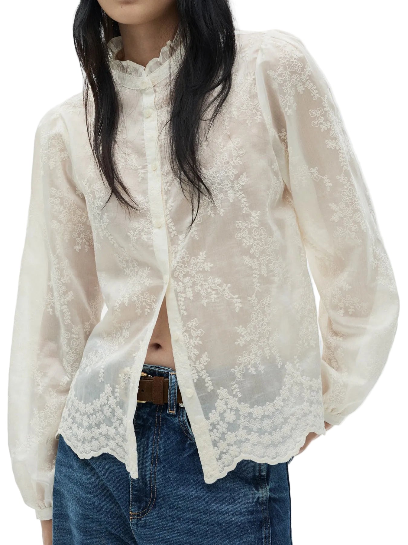 Women's Shirt Blouse Floral Embroidered Sheer Lace Long Sleeve Ruffle Neck Top