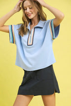Umgee Blouse Ice Blue Contrast Trim Half Zip Collared Short Sleeve Top a5af1f6f-7ae2-466f-9479-886bcb1a8fb6-Max-Origin Trendsi