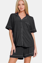Zenana Lounge Set Black Button Down Short Sleeve Top and Shorts 2 Pcs a5b0f12e-06e4-49f2-a829-4ca99ef0c9f1-Max Trendsi
