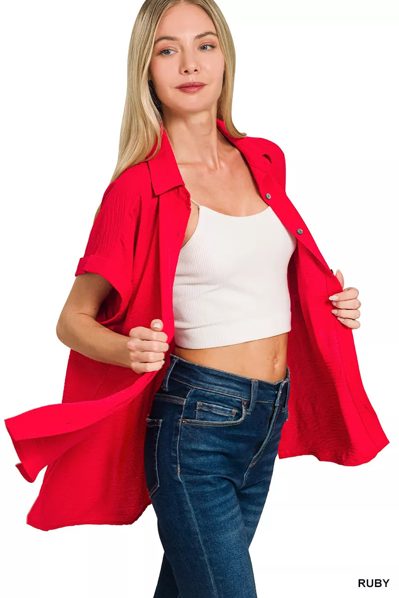 Zenana Women Shirt Red Woven Airflow Button Down Top Short Sleeve a5b0fae2-7d0f-485a-bc09-bc546a11e8a7-Max-Origin Trendsi