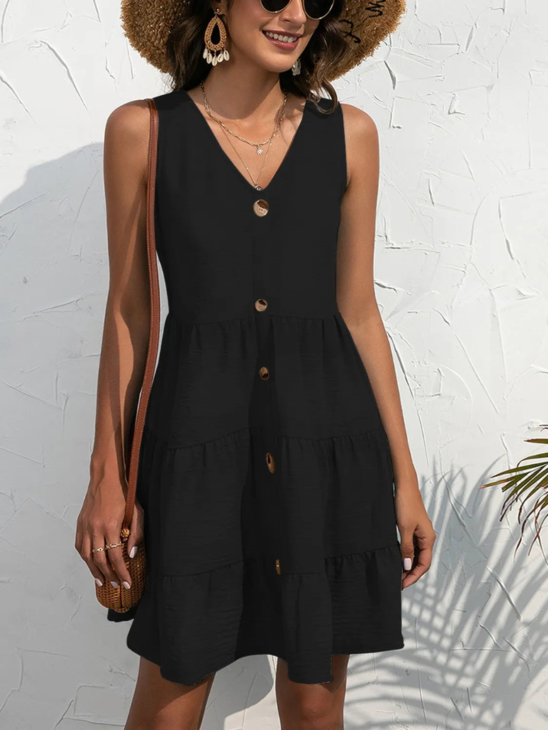 V-Neck Black Mini Dress Sleeveless Decorative Button Ruffled Black a5b12a01-fcb4-4cef-b1ea-c9d2c90dc75d-Max-Origin Trendsi