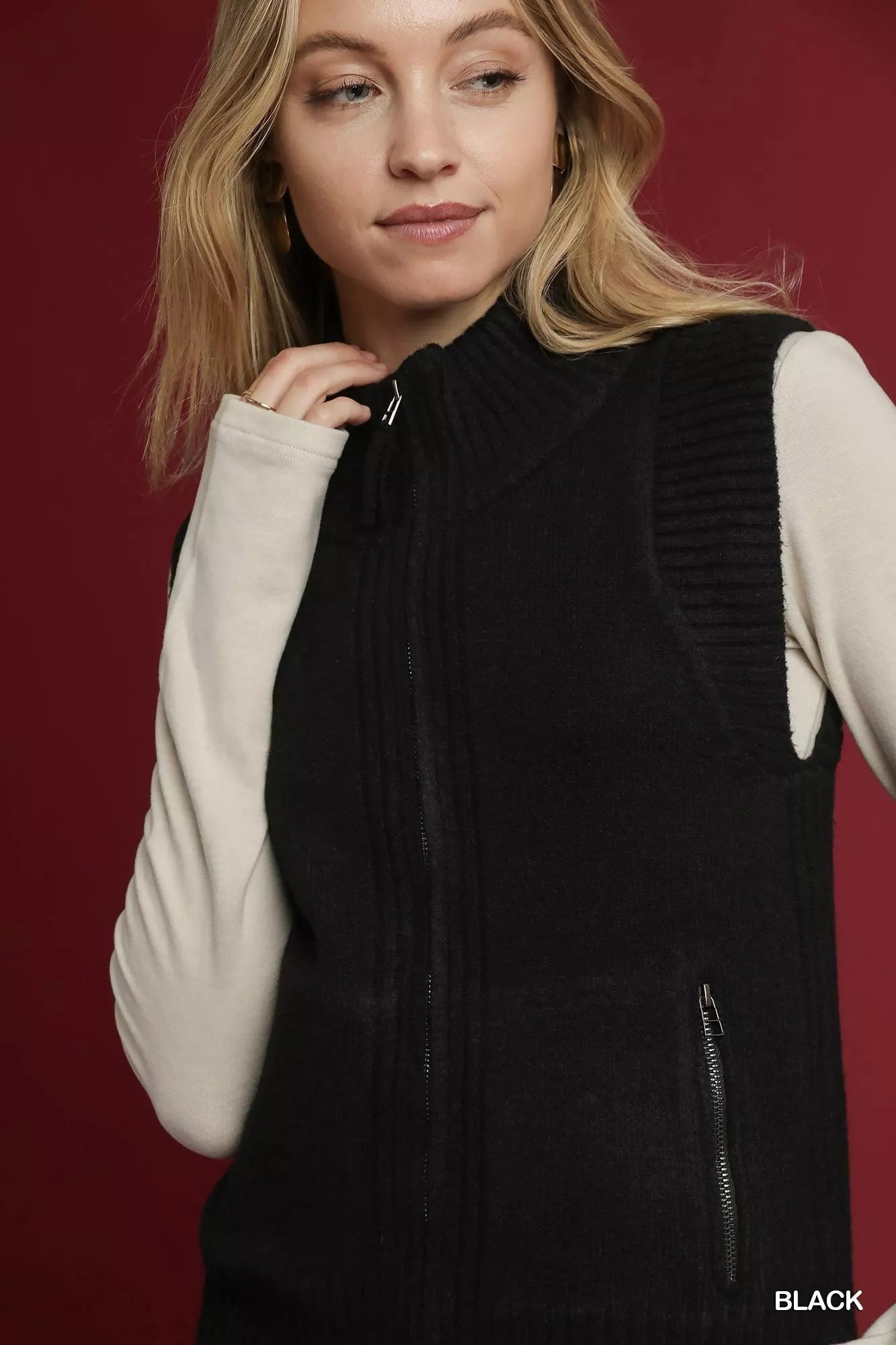 Umgee Womens Black Zip-Up Sweater Vest with Ribbed Trim a5b3b65b-1139-4153-9442-2adbca91f9f8-Max-Origin Trendsi