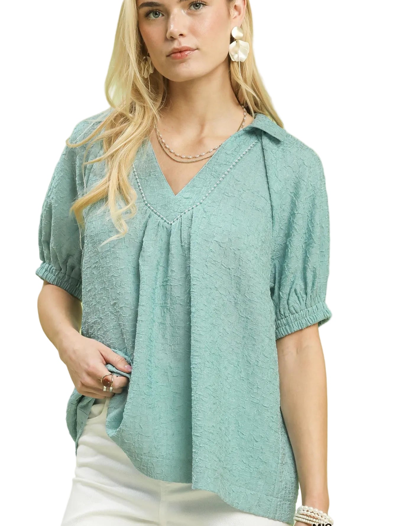 Umgee Short Sleeve Top with Textured Trim Detail