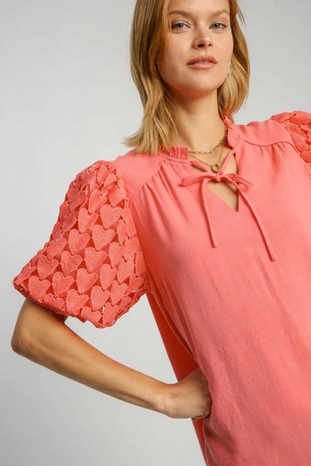 Umgee Blouse Heart Lace Sleeve Linen Blend Burnt Coral Ruffle Collar Top a5b81cb0-2fec-4e4d-8c1f-887c771351c6-Max Trendsi