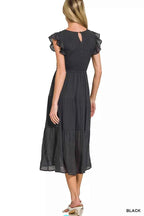 Zenana Midi Dress Black Woven Smocked Ruffle Short Sleeve Smocked a5ba2584fa18423a92f2c13fee039ef3-Max-Origin Trendsi