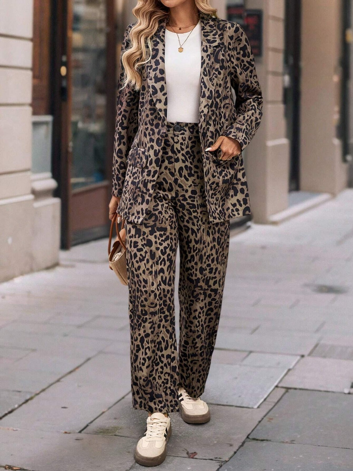 Leopard Lapel Outfit Suit Set Collar Long Sleeve Blazer and Pants Set 2 Pcs