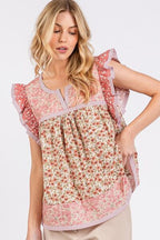 Mittoshop Floral Blouse Notched Ruffled Cap Short Sleeve Rose Pink a5cbc6f5-cc8d-4845-b173-7c63c1c35b1c-Min Trendsi