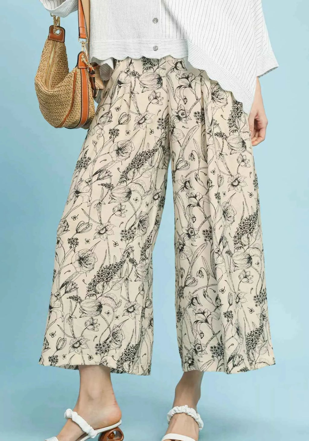 Umgee Women Wide Leg Pants Black Floral Two Tone Print Relaxed BLACK a5d2b497-f2b7-4bda-a636-5a9e67b8201d-Max-Origin Trendsi