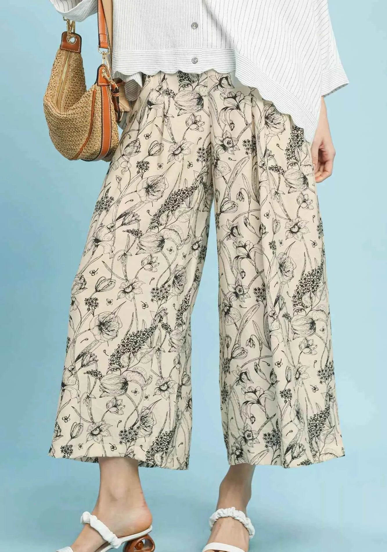 Umgee Women Wide Leg Pants Black Floral Two Tone Print Relaxed BLACK a5d2b497-f2b7-4bda-a636-5a9e67b8201d-Max-Origin Trendsi