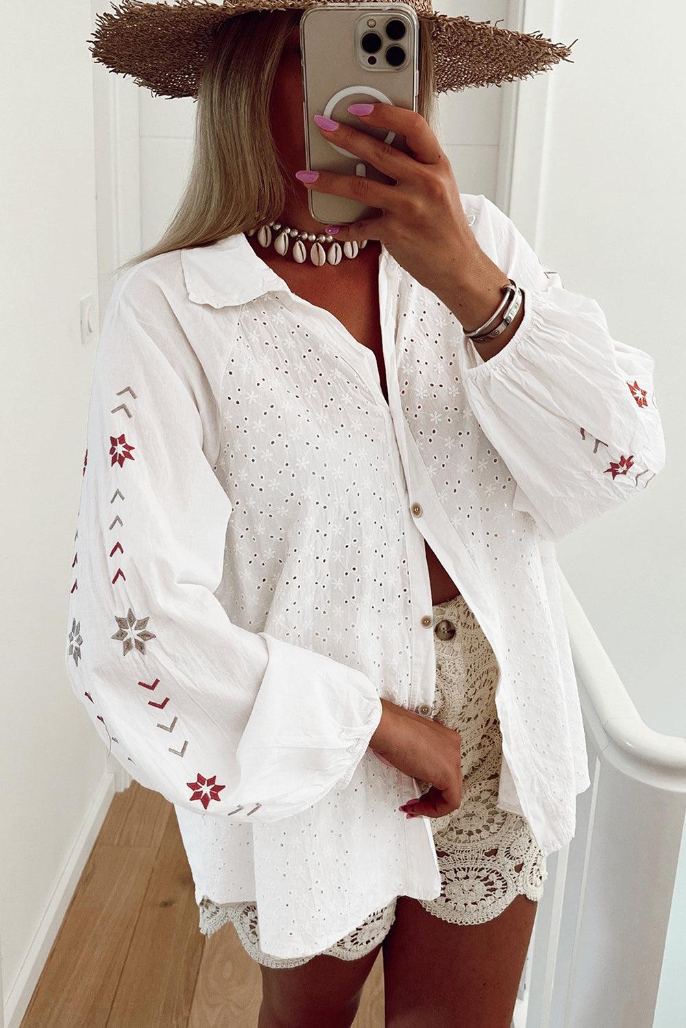 White Shirt Embroidered Eyelet Collared Neck Long Sleeve Blouse 100% cotton