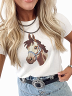 Wild West Horse Head Printed Short Sleeve Sweater