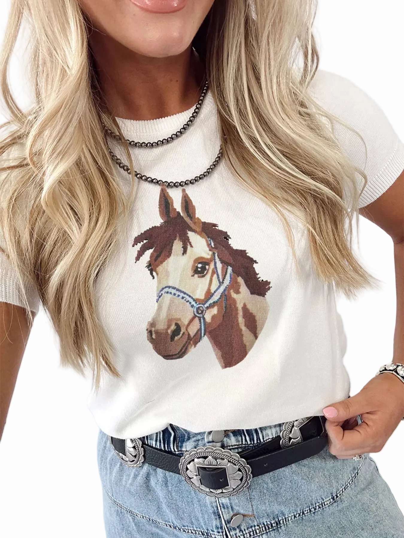 Wild West Horse Head Printed Short Sleeve Sweater