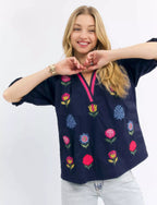 Umgee Womens Blouse Navy Blue Embroidered Floral Top with Contrast Trim NAVY a5d8efc7-1e0b-4d86-9be3-2d14f3ad3c45-Max-Origin Trendsi