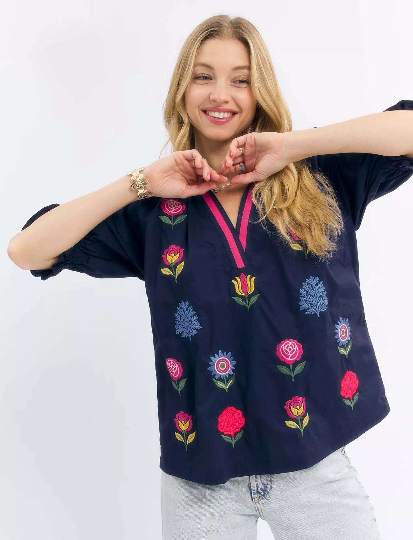 Umgee Womens Blouse Navy Blue Embroidered Floral Top with Contrast Trim NAVY a5d8efc7-1e0b-4d86-9be3-2d14f3ad3c45-Max-Origin Trendsi