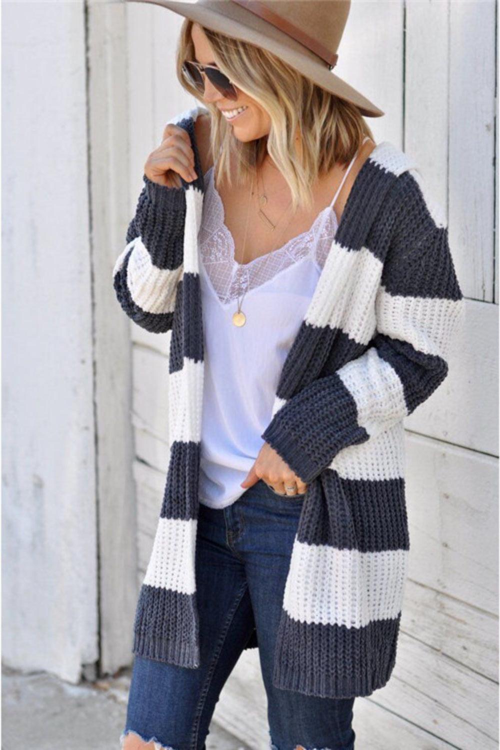 Cardigan Striped Contrast Stripes Open Front Long Sleeve Knitwear a5e2551a-9724-4de8-a8f2-98bc46e77a9e-Max Trendsi