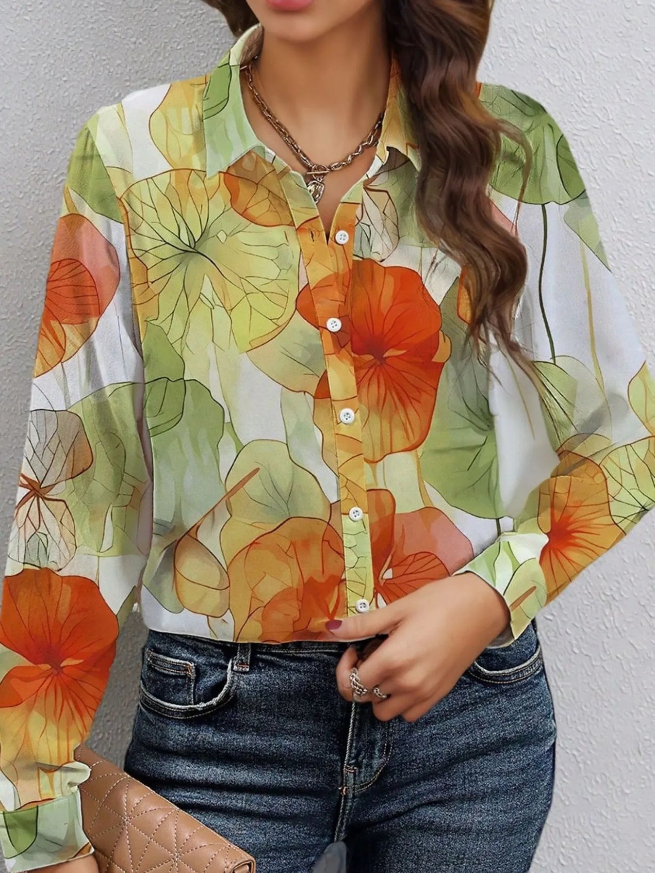 Women's Shirt Floral Sage Printed Button Up Long Sleeve Lightweight Top a5e90ccdd723417f9007d975c0502a40-Max-Origin Trendsi