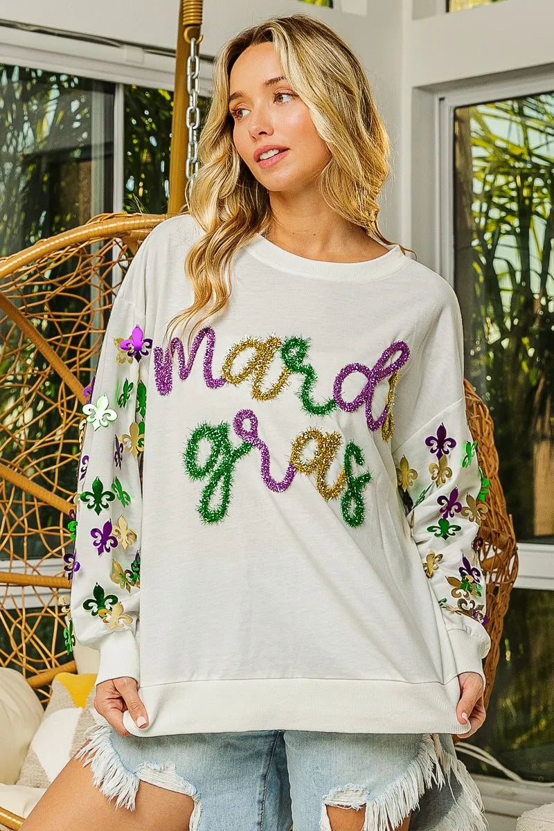 BiBi Womens Pullover Off White Fleur De Lis Sleeve Mardi Gras a5ef7375c4ce4cd281037857b790957f-Max-Origin Trendsi