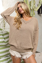 BiBi V-neck Sweater Latte Raw Edged Popcorn Texture Oversized Pullover a5f14006bcbb4071a2688523eaaccc45-Max-Origin Trendsi