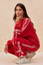 BiBi Womens Fleece Sweatpants Red Side Lined Bow Details Pocketed a5f3505790644ed7bbb0a81aba7e94d7-Max-Origin Trendsi