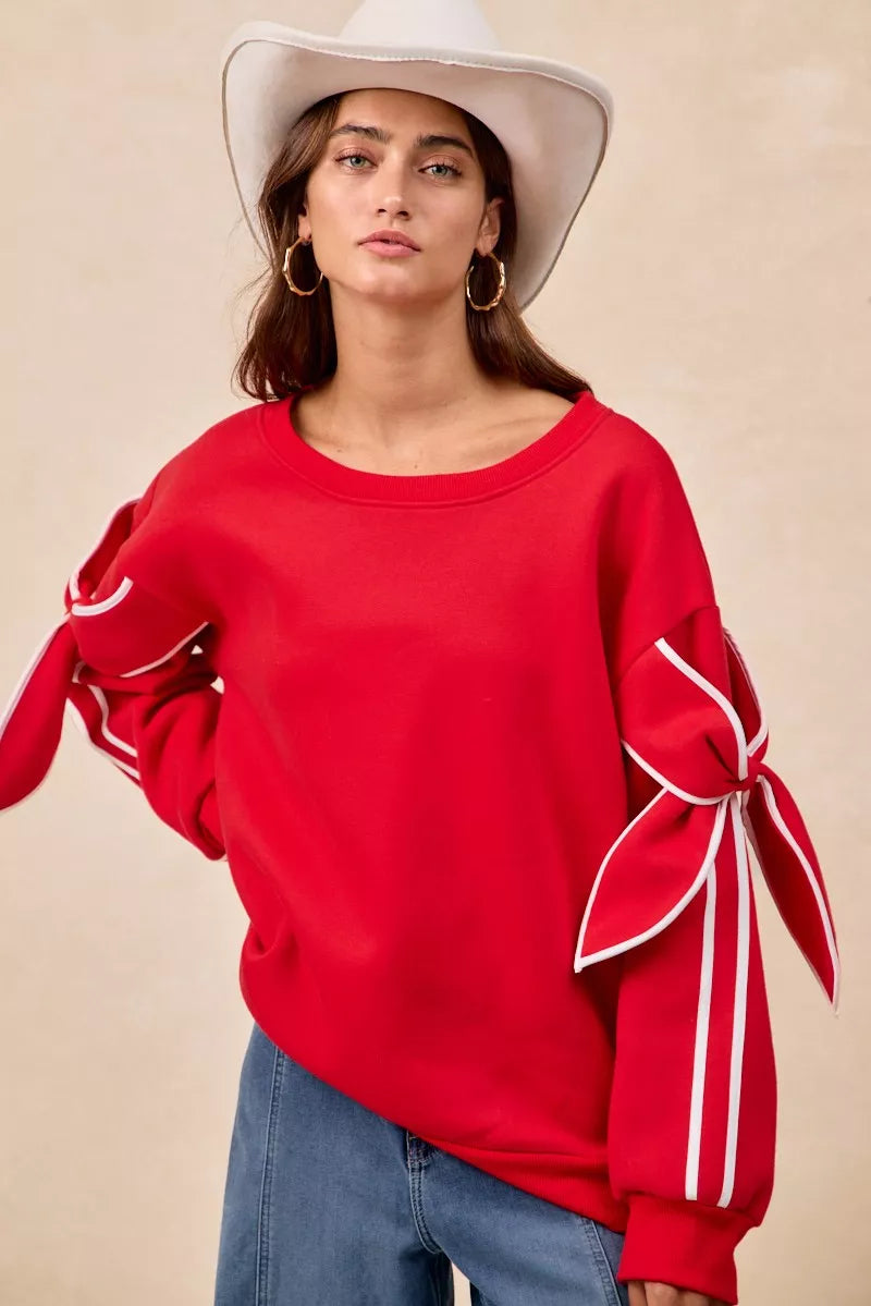 BiBi Fleece Sweatshirt Red Bow Detail Sleeves Womens Pullover a5fd40b3-135d-4b40-a50c-4cd9a9a3257b-Max-Origin Trendsi