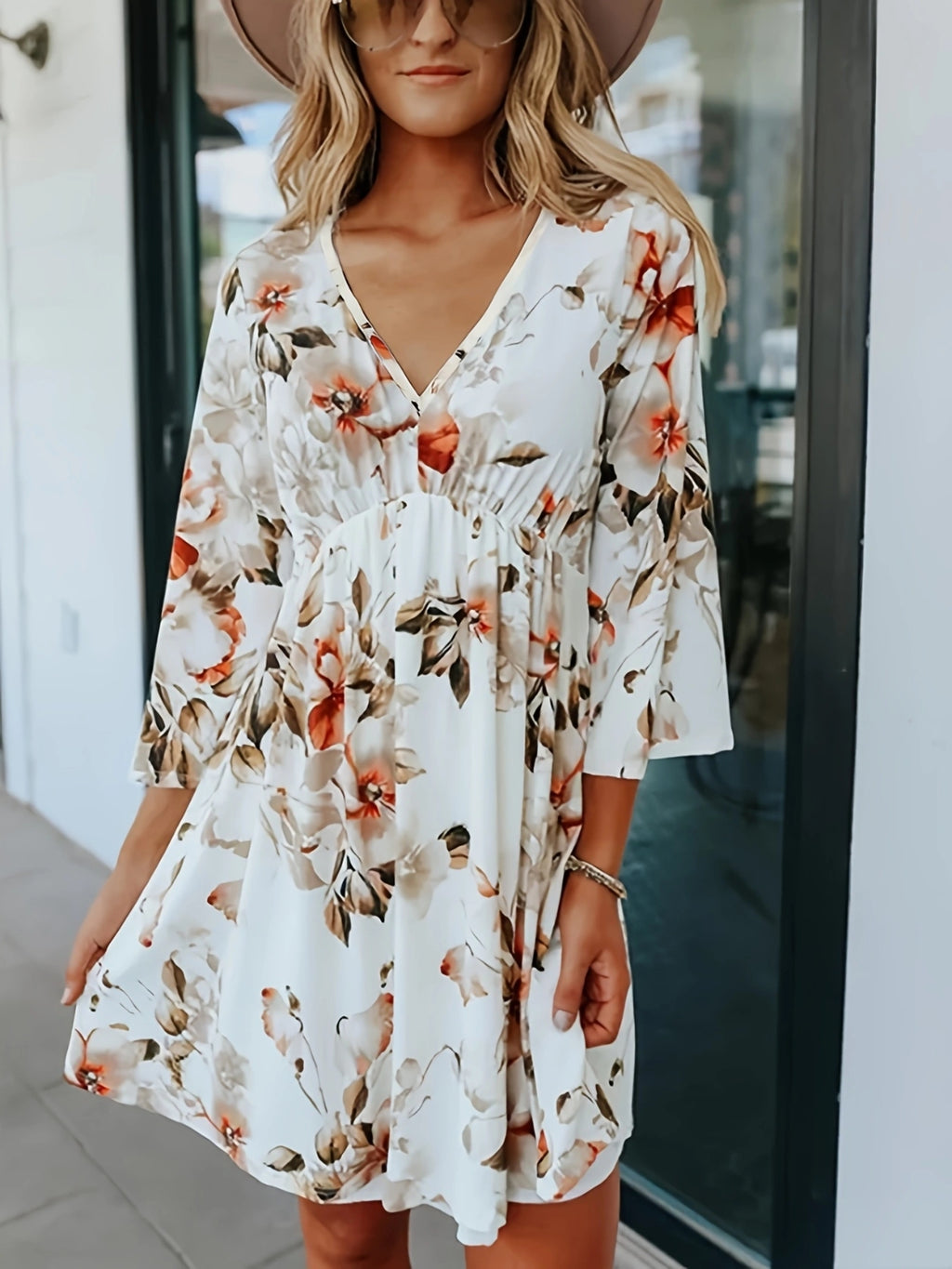 Floral Mini Dress V-Neck Three-Quarter Sleeve Summer Dresses Floral a5fd49cc-45d4-4a4e-94b5-8165610fa1e9-Max Trendsi