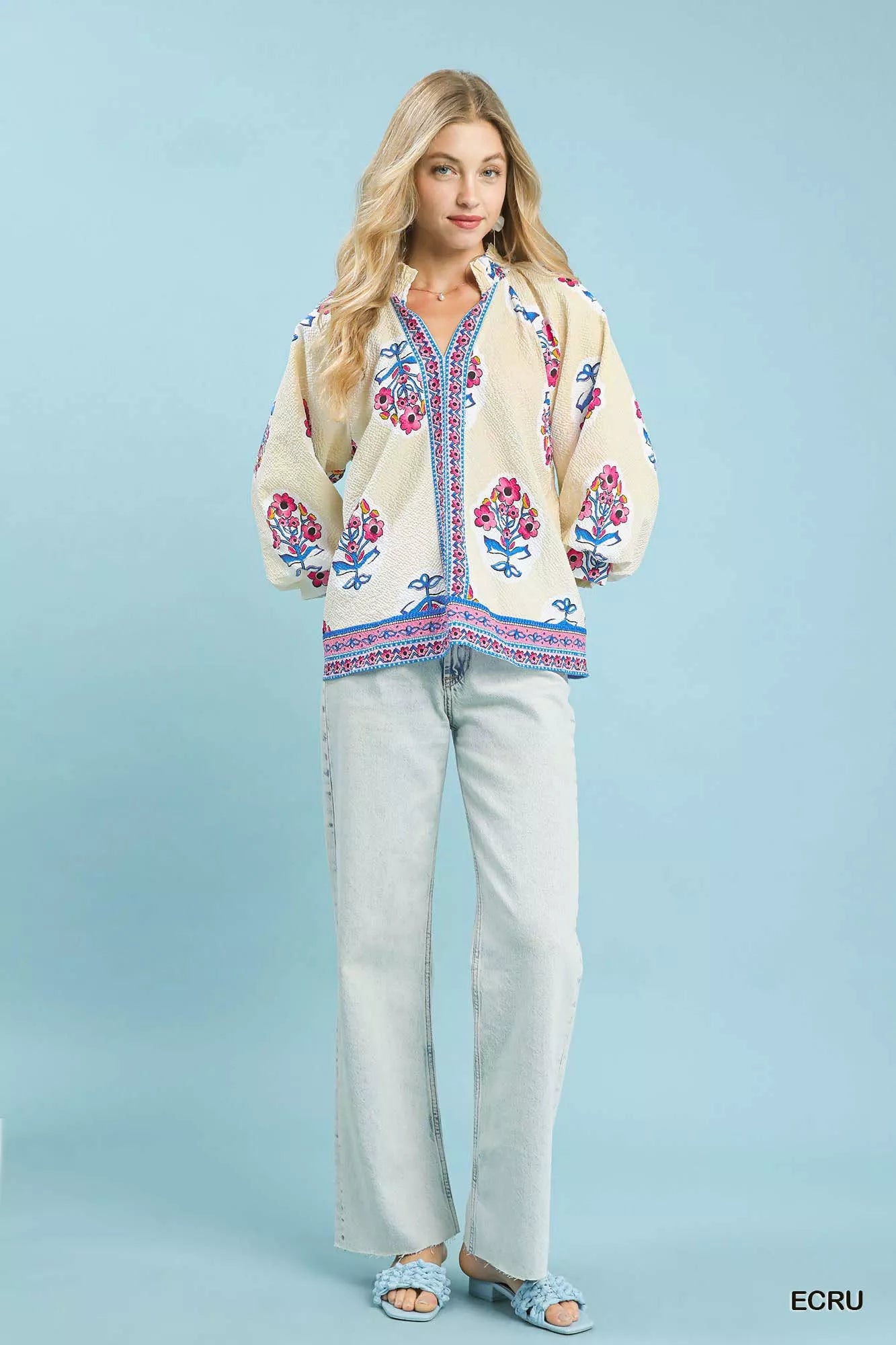 Umgee Tunic Blouse Ecru Boho Floral Print Womens Long Sleeve Top a604415d-ef6c-450b-9b49-1522dc355e21-Max-Origin Trendsi