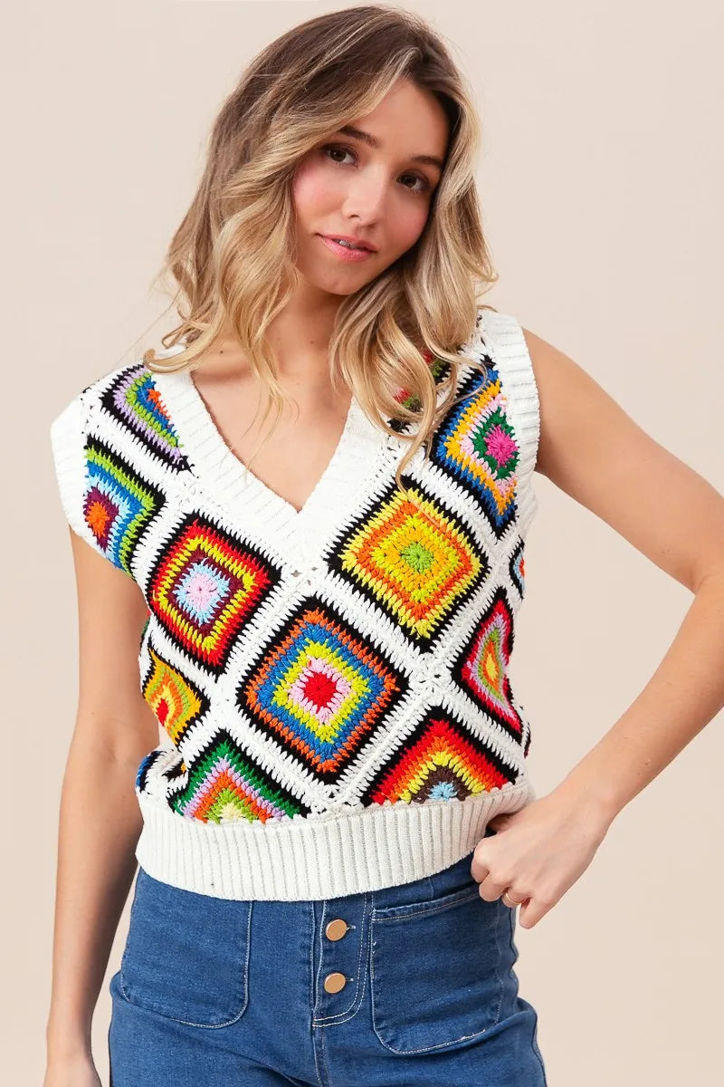 BiBi Sweater Vest Ivory Diamond Granny Multicolor Square Ribbed Knit Top a60830f9efed4b2ca1ac16b44aaf0d8b-Max-Origin Trendsi