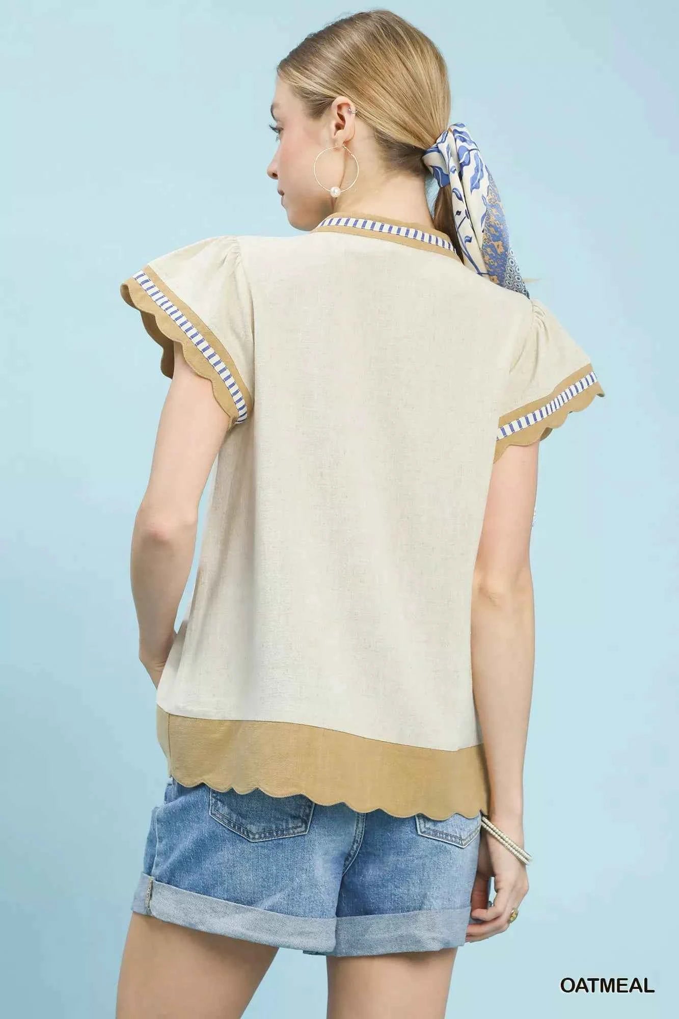 Umgee Blouse Oatmeal Contrast Scallop Trim Linen Cotton Top Short Sleeve a608d31c-e026-451e-8c3f-e00b4339a905-Max-Origin Trendsi