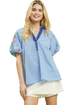 Umgee Embroidered Striped Top with Puff Sleeves and Buttoned V-Neckline