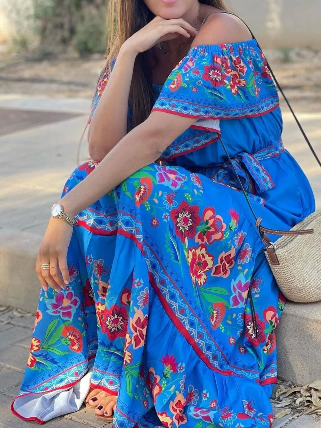 Floral Maxi Dress Off Shoulder Ruffle Belted High Waisted Ruched Blue a612951f-664f-4d22-af83-8b9f4b23af6c-Max-Origin Trendsi