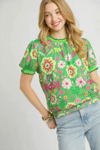 Umgee Blouse Green Mix Floral Retro Puff Short Sleeve Top GREEN MIX a613e430-15c5-4385-998d-87fb6408519a-Max-Origin Trendsi