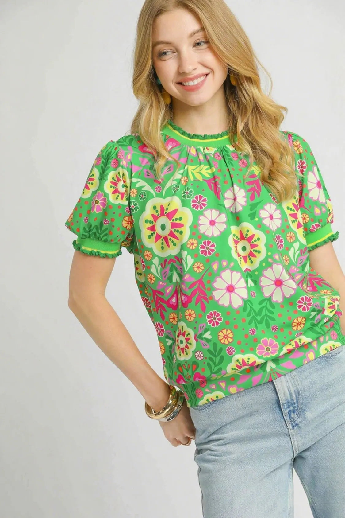 Umgee Blouse Green Mix Floral Retro Puff Short Sleeve Top GREEN MIX a613e430-15c5-4385-998d-87fb6408519a-Max-Origin Trendsi
