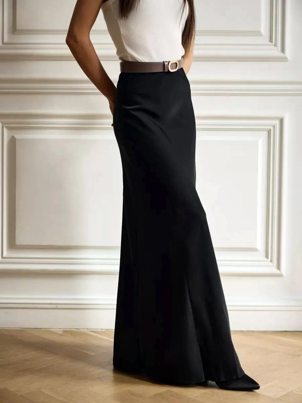 Satin Maxi Skirt High-Waisted Back Zip Black White Solid Basic Style a616726f772c4b2c9e8223776075b1af-Max-Origin Trendsi