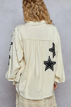 POL Cream Denim Jacket Star Patch Applique Raw Hem Button Up Long Sleeve a619bc1a-35d2-441c-8854-f2fbf52a2edd-Max-Origin Trendsi