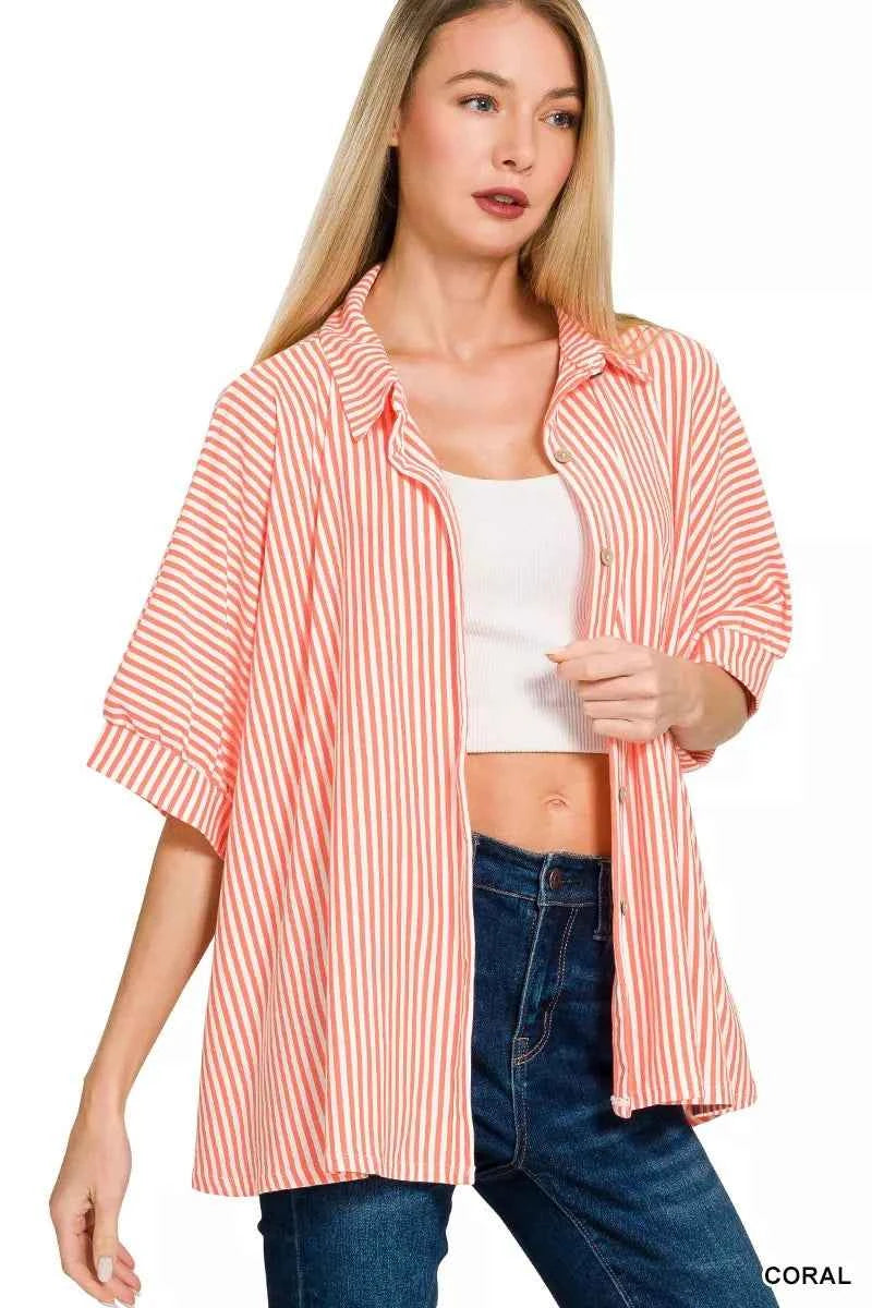 Zenana Oversized Shirt Coral Stripe Short Sleeve Top a626d9ed0ed446c6a08958aa8d59a16f-Max-Origin Trendsi