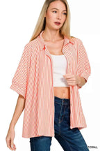Zenana Oversized Shirt Coral Stripe Short Sleeve Top a626d9ed0ed446c6a08958aa8d59a16f-Max-Origin Trendsi